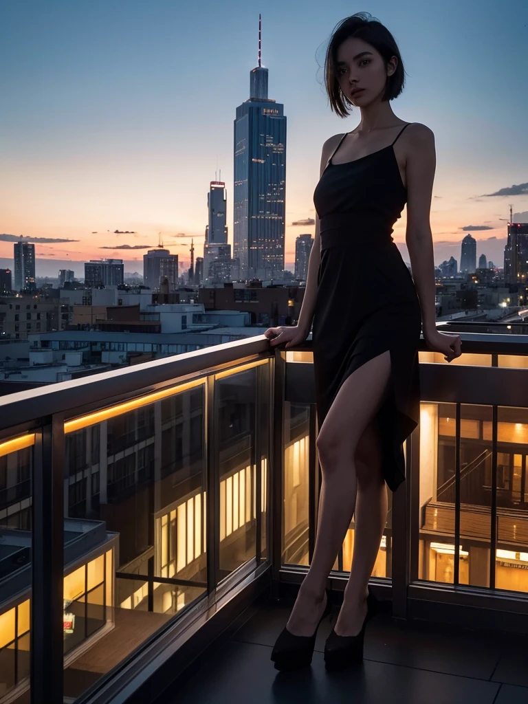 short hair man, short beard man, man blue casual clothing, woman long hair, woman short black dress, sunset background, City background, rooftop, alcoholic beverages, whole body