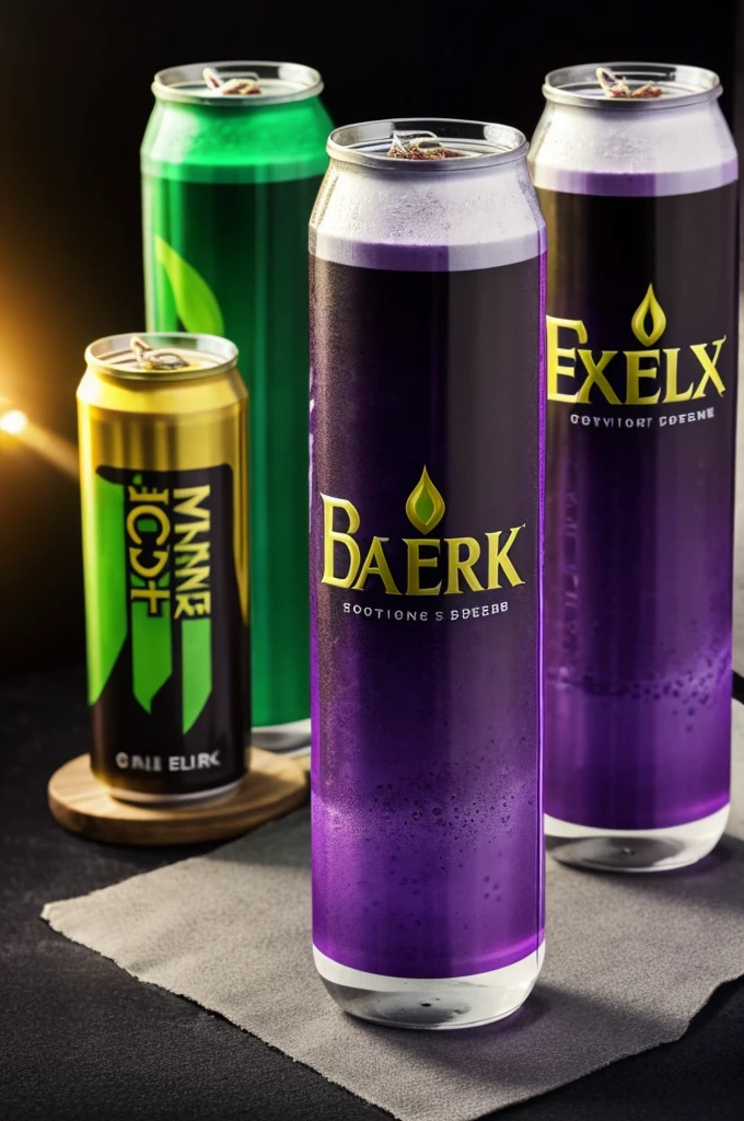 Banners of an energy drink called dark elixir. The colors of the drink are green, purple and black. It is a low-sugar grape flavor. 