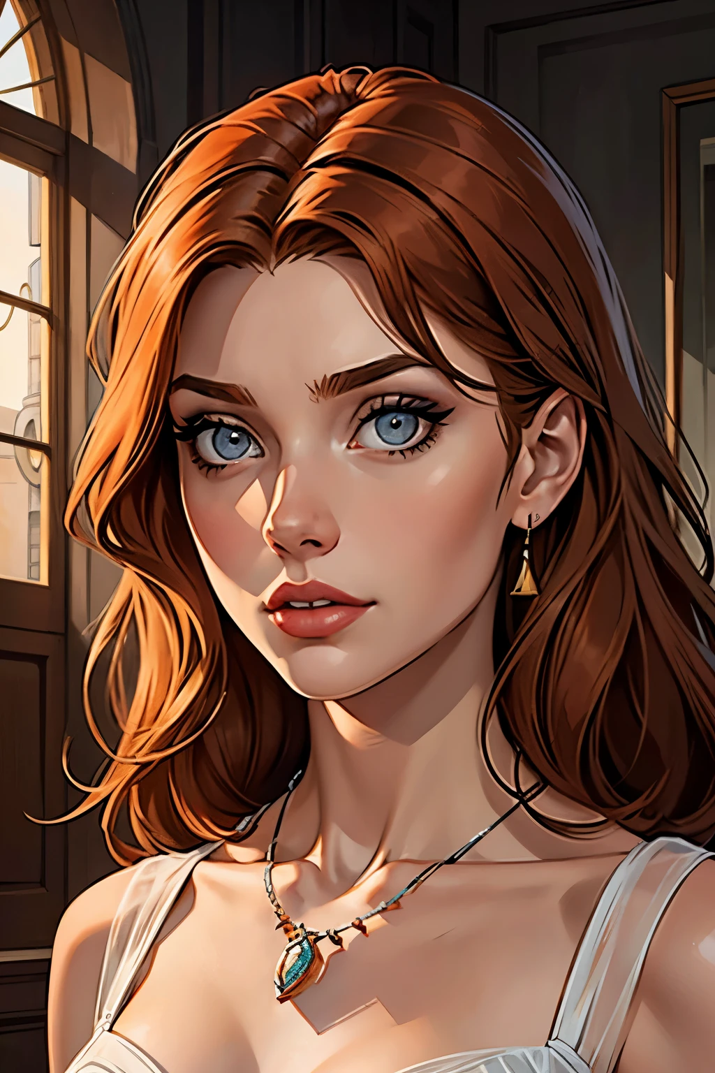 best qualityer, work of art, (realisitic: 1.2), 1 girl, slender girl, ginger hair, eyes browns, 3/4 view, face detailed, gorgeous eyes, eyes gray, eyes large, breasts small, necklace, see through gown