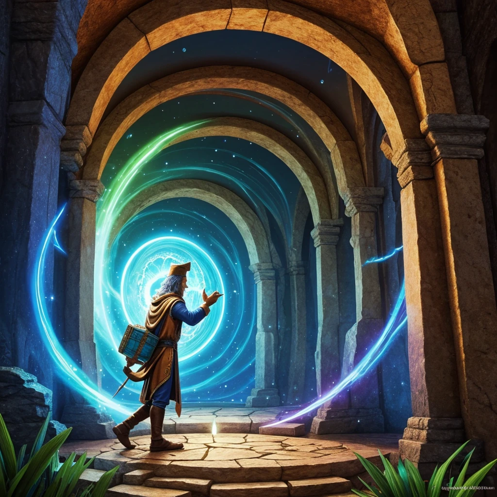 A wizard going through a portal to visit the ancient Lemuria, Award winning ilustration, highly detailed, friendly colors, happy vibes