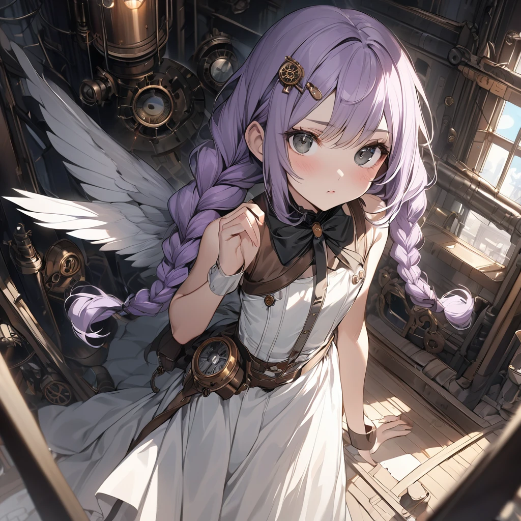 (Cute a girl:1.5), (a girl with closs hair pin,pale purple hair,wavy two braids,bluntbangs hair,green and black eyes, :1.4),
(masterpiece:1.3), anime visual, (tilt head:1.3), extremely delicate face, realistic lighting and shading, (an extremely delicate and beautiful art:1.3), elegant, (muted colors:1.1), Looking up, blushing, one hand holding her crotch, the other hand resting on the girl's lips, pouting lips, perfectly flat chest, white summer dress,look at viewer,fullbody shot,Steampunk factory, steampunk bird, a girl in a uniform is riding a bird and flying into the sky, looking towards me and waving,