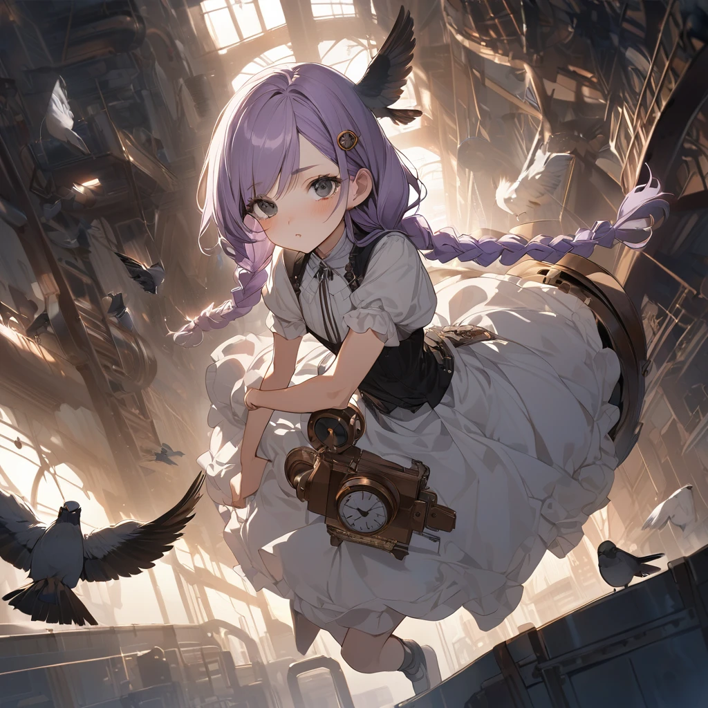 (Cute a girl:1.5), (a girl with closs hair pin,pale purple hair,wavy two braids,bluntbangs hair,green and black eyes, :1.4),
(masterpiece:1.3), anime visual, (tilt head:1.3), extremely delicate face, realistic lighting and shading, (an extremely delicate and beautiful art:1.3), elegant, (muted colors:1.1), Looking up, blushing, one hand holding her crotch, the other hand resting on the girl's lips, pouting lips, perfectly flat chest, white summer dress,look at viewer,fullbody shot,Steampunk factory, steampunk bird, a girl in a uniform is riding a bird and flying into the sky, looking towards me and waving,