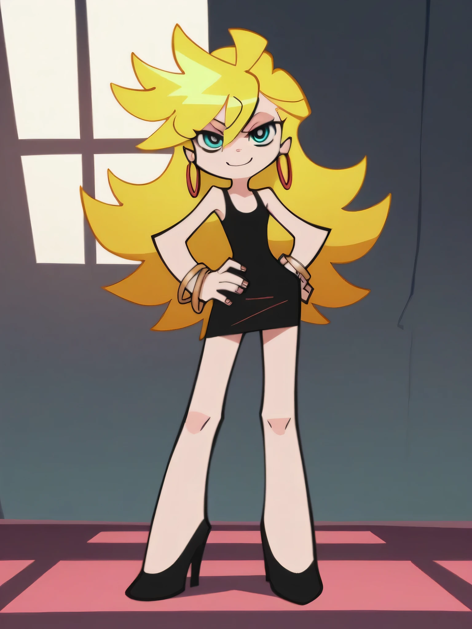 score_9, score_8_up, score_7_up, score_6_up, score_5_up, score_4_up, source_anime,
1girl, solo, psg, official style, panty \(psg\), little black sleeveless dress, small breast, standing up, hoop earrings, seductive smile, blond hair, blue eyes, looking at viewers, black high heels, cowboy shot, right hand on hip