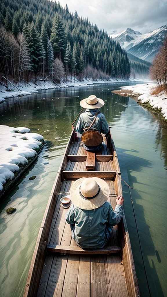 Old Man in Straw Hat and Raincoat on a Boat，Fishing Alone in the Snowy River，lake，Aesthetics