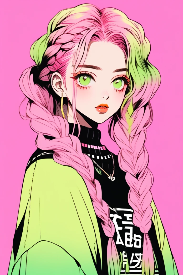 (Highest quality, sketch:1.2),Realistic,Illustrator,anime,1 Girl, Detailed lips,sweater,custom,Pink gradient background,Neon Hair,Texture Cropping,masterpiece, Style: Retro Classic, Dark Black、Braid、Eyes are yellow-green、Pink and yellow-green gradient hair color 、from a little far away