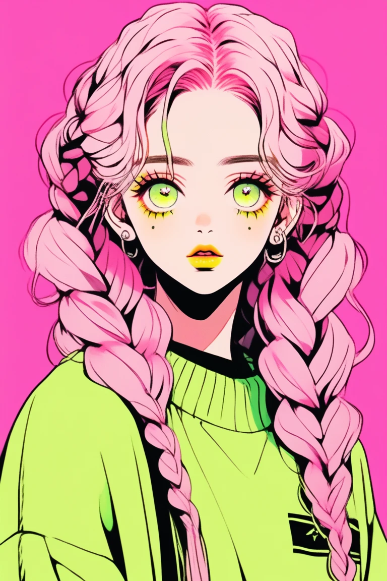 (Highest quality, sketch:1.2),Realistic,Illustrator,anime,1 Girl, Detailed lips,sweater,custom,Pink gradient background,Neon Hair,Texture Cropping,masterpiece, Style: Retro Classic, Dark Black、Braid、Eyes are yellow-green、Pink and yellow-green gradient hair color 、from a little far away