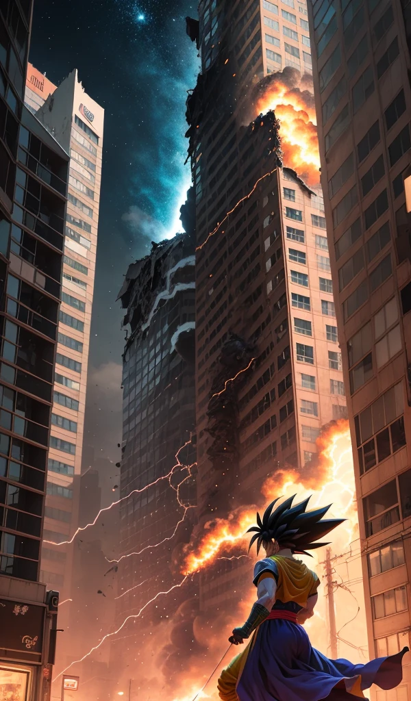 (Anime style, highly detailed), two Saiyan warriors in a fierce battle in a bustling urban environment. Buildings crumble as they clash, energy blasts lighting up the night sky with vibrant colors and dynamic motion.