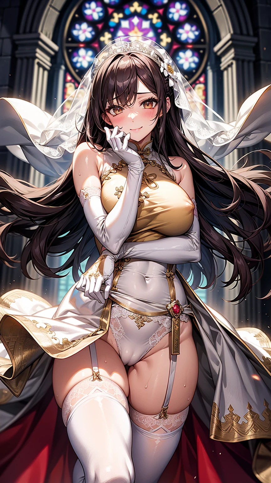 Camel Toe:1.4、(Sweat)、(vapor)、(((Long gloves:1.3)))、、Knee-high socks、Open your thighs wide to the left and right、crouch on the ground、Show the audience your crotch, (、, Spread your legs:1.3, ))、1、Absurd、、golden headband、Flat lighting、elevation、sexy pose、Highest quality、Complex、Surreal、perspective, Very detailed, Detailed Background, shape、1 Girl、alone、Big Breasts、A light smile, Embarrassing, blush, (()), Long gloves、- Elbow hand pockets、Nipples、sexy、Sensual, Huge breasts, White Chinese Dress, (Cheongsam with slit:1.3),), Bridal Legwear, (Asymmetrical legwear:1.1), Lace trim, (Showgirl skirt, Cross lace skirt, Tight Skirt, See-through skirt:0.5), White lace-trimmed gloves, Single Bridal Gauntlet, (Bridal Garter:1.1), A beautiful woman with supple curves, Bare shoulders, Cowboy Shot, church, Bushes, wood, maniac, Dynamic Light, Dynamic Shadows, the wind is strong, Stomach,Knee-high socks、Long gloves,Knee-high socks、Long gloves