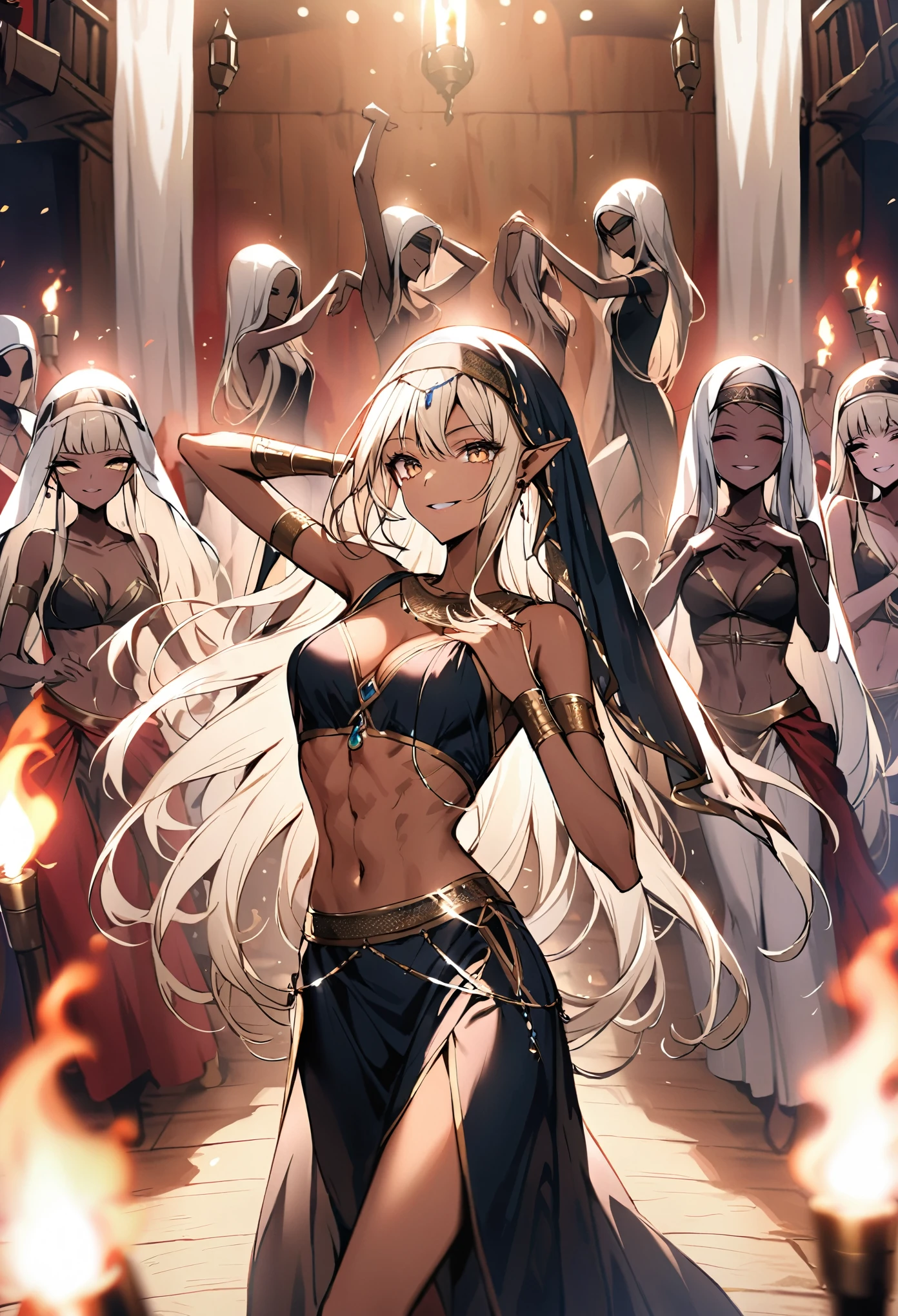 sfw, copper skin, long hair, platinum blonde hair, silky hair, braided hair, pointed ears, slim waist, bandit, Arabian, dancing, golden eyes, smile, abs, veil, seductive, coordinated dancing, fun, party, 3 female dancers on stage, medieval, dark, torch, curtains, wooden stage, crowd, close up
