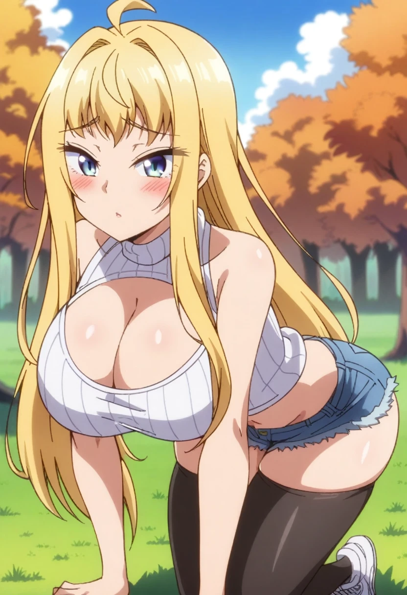 (anime art style), masterpiece, best quality, very aesthetic, absurdres, dynamic shadows, atmosferic, minamifuyuki, ((1girl)), antenna hair, blonde hair, long hair, sidelocks, ahoge, eyeslashes, blue eyes, curvy body, large breasts, sexy, cleavage, white sneakers, turtleneck sweater, striped sweater, white sweater, cutout on cleavage, micro shorts, denim shorts, black thighhighs, bare arms, borrowed, embarrased, intense blush, ((feet out of frame)), (from back), (grass), (afternoon), (autumn), (trees), (clouds), (all fours), (looking at viewer:1.0)