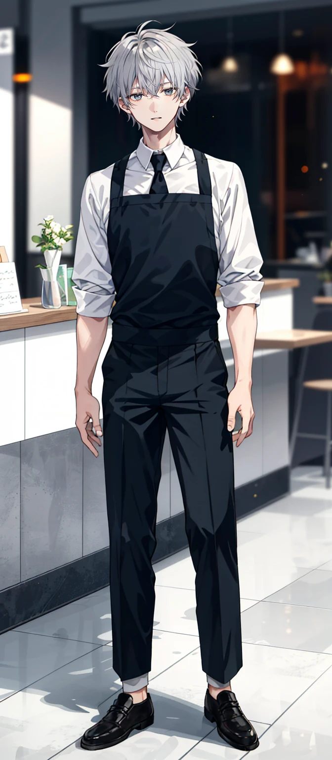 1 boy, 25 years old, full body, waiter, short hair, grey hair, messy hair, undercut,