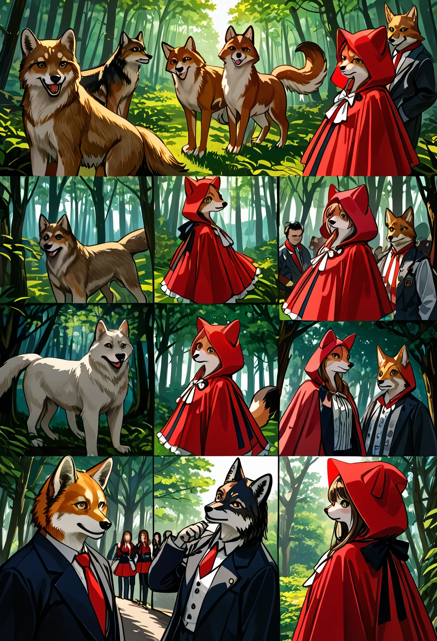 top quality, best quality, High-quality illustrations, masterpiece, super high resolution, detailed background, Little Red Riding Hood, forest, A wolf chases a girl, 6+boys, 6+girls, absurdres(highly detailed beautiful face and eyes)perfect anatomy, expression, good lighting, cinematic shadow(kemono, furry anthro)assorted poses, dynamic angle,