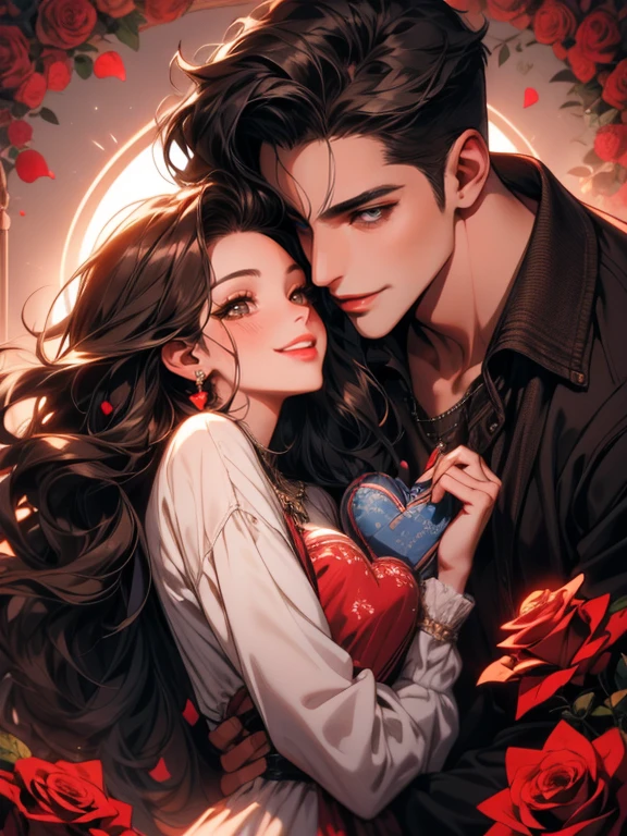 masterpiece, couple, 1 woman, a beautiful female, long wavy black hair, brown eyes, 1 man, a beautiful man, brown eyes , short wavy hair, beautiful smile, casual outfit, valentine, happy, smile, chocolate, roses, hearts, kiss, Kiss in the lips