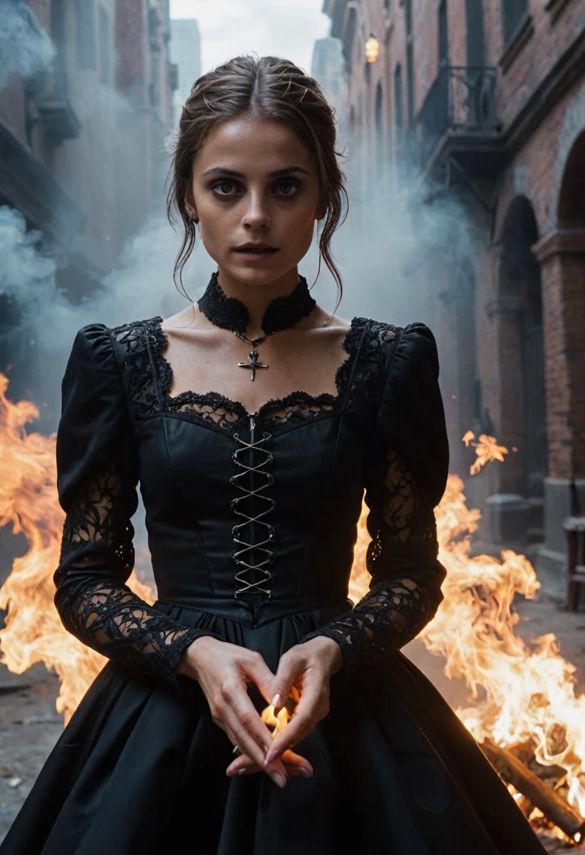 (GoPro view :1.1), willa holland with black gothic style dress in a (Die Hard (1988) film scene:1.1),magic aura, magic spell, fire magic on her hand,hyperrealistic,professional,gloomy horror crushing atmosphere,hyperrealistic,soft bokeh,(hyperrealism),view from below shot,cinematic quality,((cinestill 800 film)),detailed realistic,35mm,rendered by octane,iso 150, 