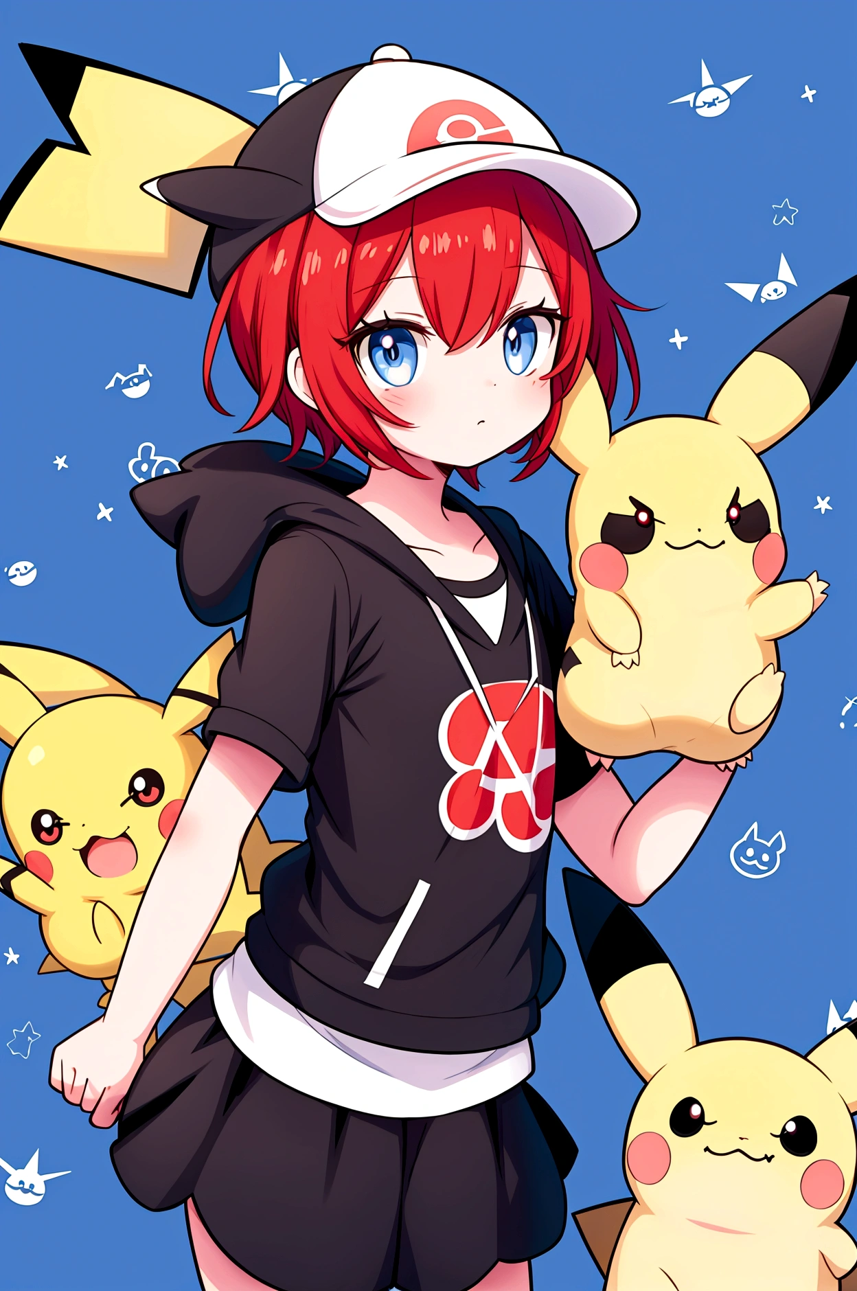 Close up of cartoon pokemon character holding baseball bat, mimikkyu, red hair short cut, pikachu concept art, cute pokemon style, conceptual mystery pokemon, new pokemon, gugumon, pikachu, strange pokemon, mika pikazo, mystery pokemon, jesus shaped pikachu, pokemon lookalike, pikachu on acid, pokemon style, with shadow, art by sugimori ken