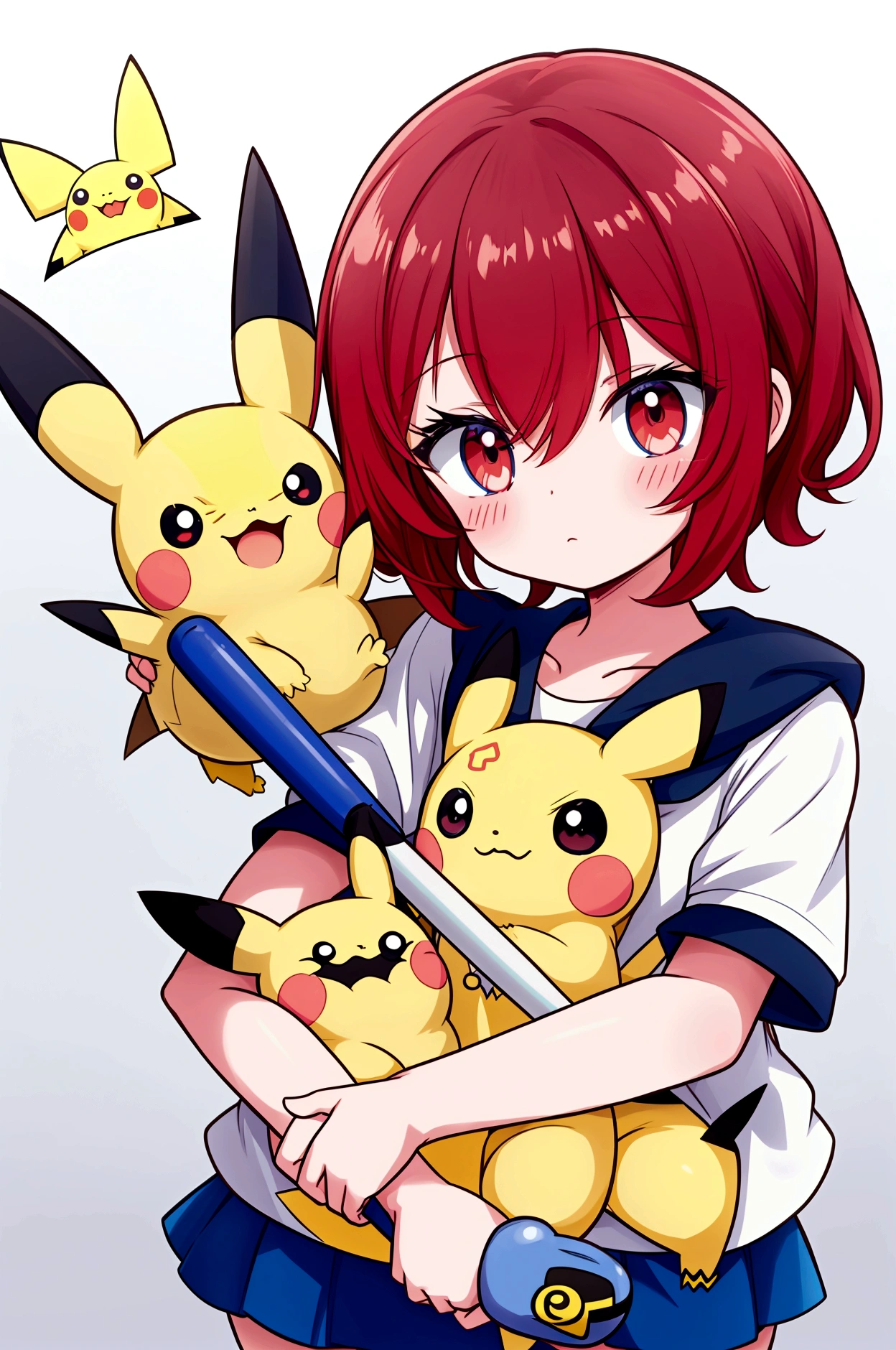 Close up of cartoon pokemon character holding baseball bat, mimikkyu, red hair short cut, pikachu concept art, cute pokemon style, conceptual mystery pokemon, new pokemon, gugumon, pikachu, strange pokemon, mika pikazo, mystery pokemon, jesus shaped pikachu, pokemon lookalike, pikachu on acid, pokemon style, with shadow, art by sugimori ken