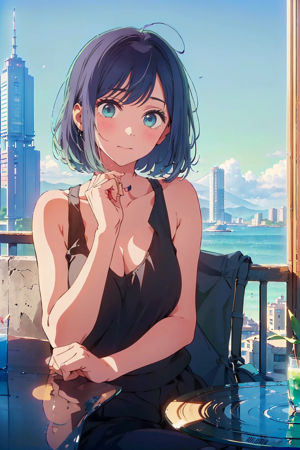(Highest quality:1.4、masterpiece:1.4、Super detailed:1.4、Ultra-high resolution:1.4、8K:1.4)、Slim body、Big Breasts、((((1 person、Surprised expression、sit、Chair、In the background are the urban buildings of Tokyo、looking at the camera、coastal、Outdoor café terrace、juice、Get up close and take a photo、table、Very cute face))))、((((nude、very beautiful areola))))、(Pose with hands tucked behind ears:1.4、Cheek resting on hand:1.4)、(((Black tank top)))、valley、Very blue sky、A completely cloudless sky