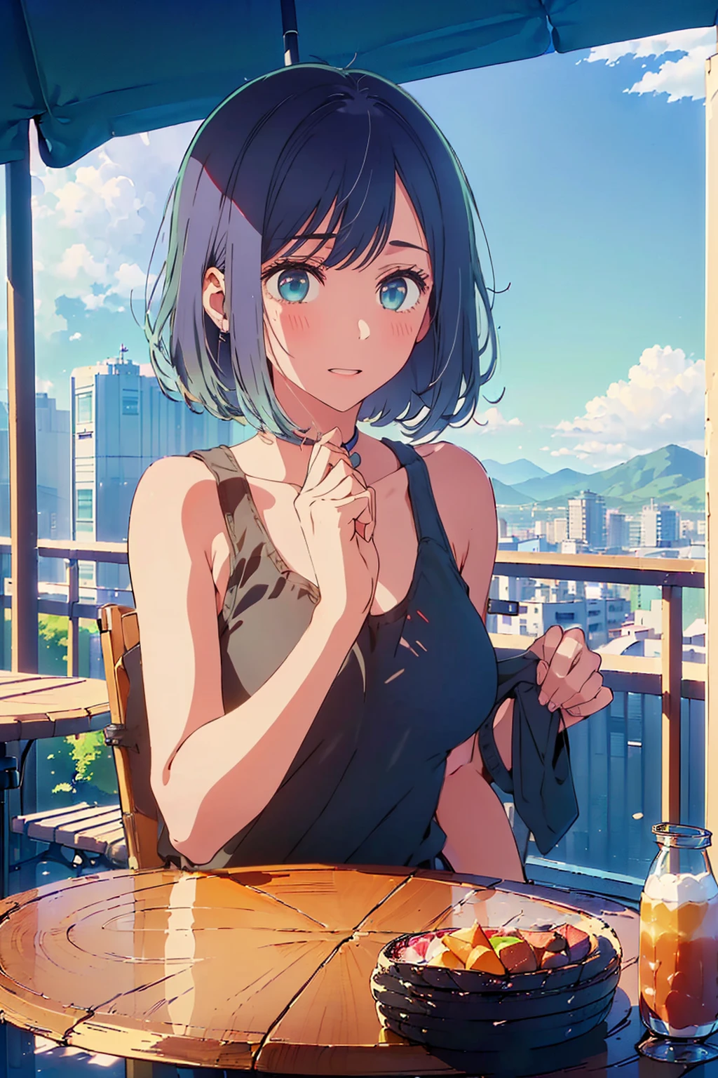 (Highest quality:1.4、masterpiece:1.4、Super detailed:1.4、8K:1.4)、F cup bust、Big Breasts、Slim body、((((1 person、Surprised expression、sit、Chair、In the background are the urban buildings of Tokyo、looking at the camera、Outdoor café terrace、coastal、Navy hair color、juice、Shooting up close、table、Very cute face))))、(Pose of putting hair behind ears with hands:1.4、Cheek resting on hand:1.4）、((nude、Areola、camisole))、Very blue sky、A completely cloudless sky、Big eyes、((((Shallow depth of field))))