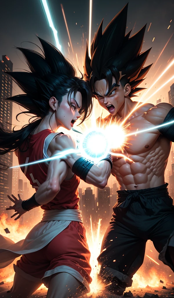 (Anime style, highly detailed), one Saiyan unleashing a powerful energy wave towards the other. The city around them glows with the intensity of the blast, streets cracking under the pressure and windows shattering.