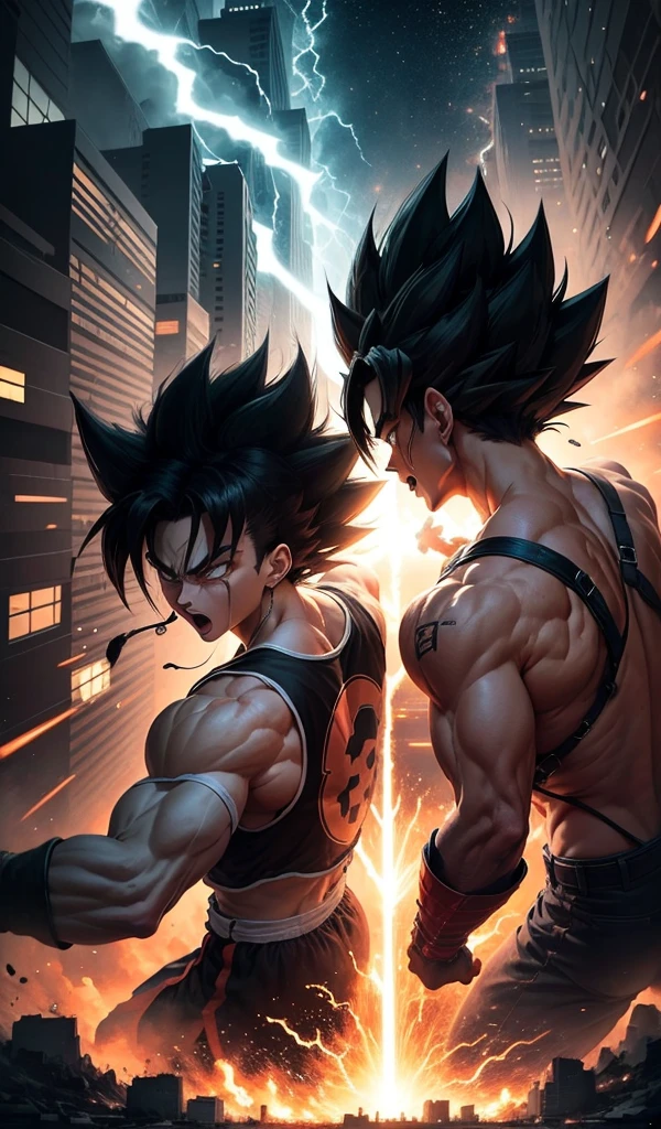 (Anime style, highly detailed), one Saiyan unleashing a powerful energy wave towards the other. The city around them glows with the intensity of the blast, streets cracking under the pressure and windows shattering.