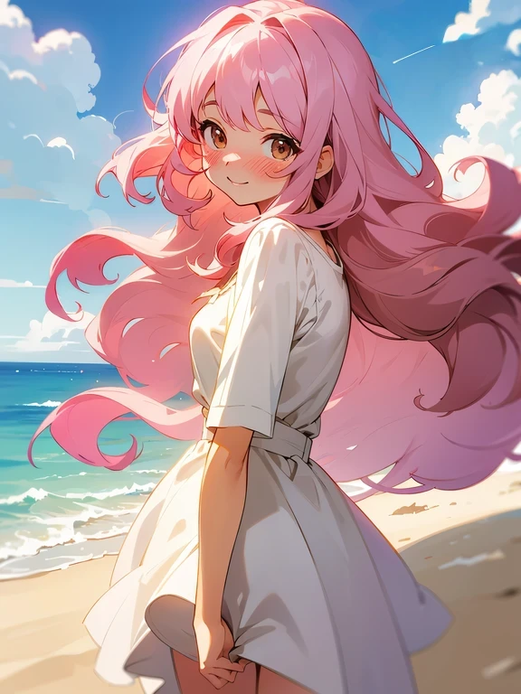 Hair = pink hair, wavy hair, long hair, bangs. Eyes = pretty brown eyes. Face = smiling, blush, nose blush. Clothes = white sundress. Background = beach, shooting stars, clouds. Style = studio ghibli.