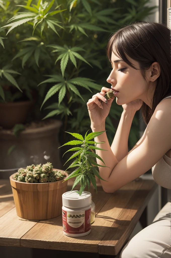Cannabis leaves and a woman overpocision 