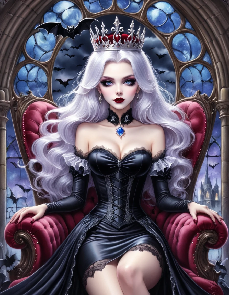 (Close-up:1.3) pastel cartoon, stunning vampire queen (relaxing on huge velvet throne:1.2) of Gothic, extravagant noble dress, (high boots), (big crown:1.2), (swarm of bats coming through intricate round Gothic window in background), epic night outside, flowing white hair, sparkling sapphire eyes.