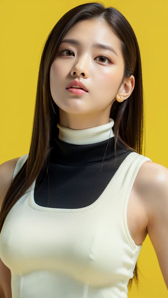 (detailed face),((crotch)),normal breasts,pretty,sleeveless and turtle neck white clothes,4k ,super high resolution ,(photo-realistic: 1.7),yellow background, black long hair,