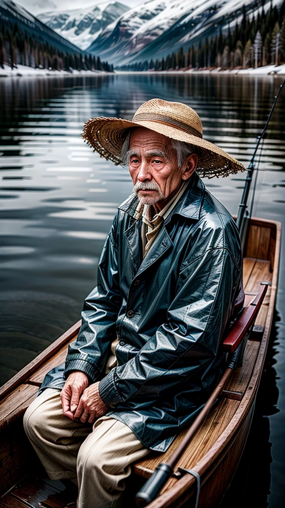 Old Man in Straw Hat and Raincoat on a Boat，Fishing Alone in the Snowy River，lake，Aesthetics