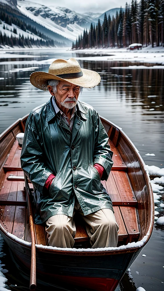 Old Man in Straw Hat and Raincoat on a Boat,Fishing Alone in the Snowy River,lake,Aesthetics