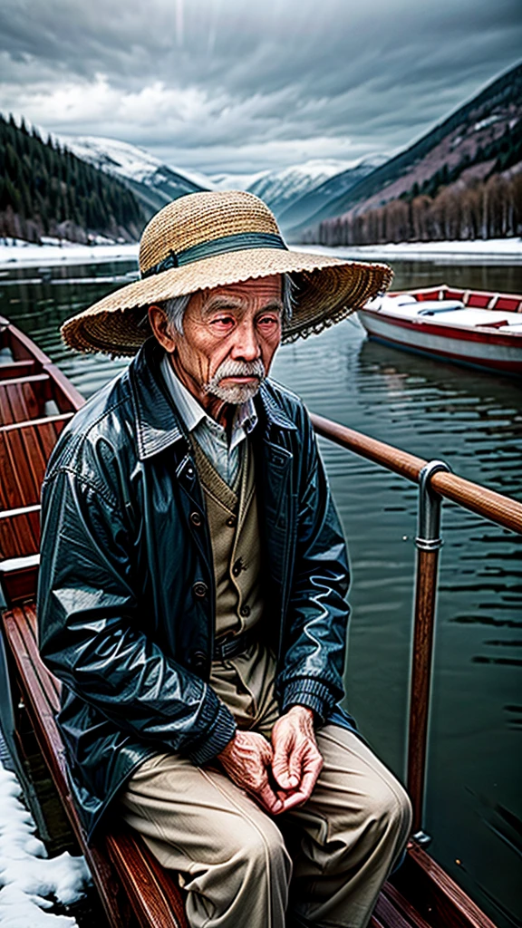 Old Man in Straw Hat and Raincoat on a Boat,Fishing Alone in the Snowy River,lake,Aesthetics