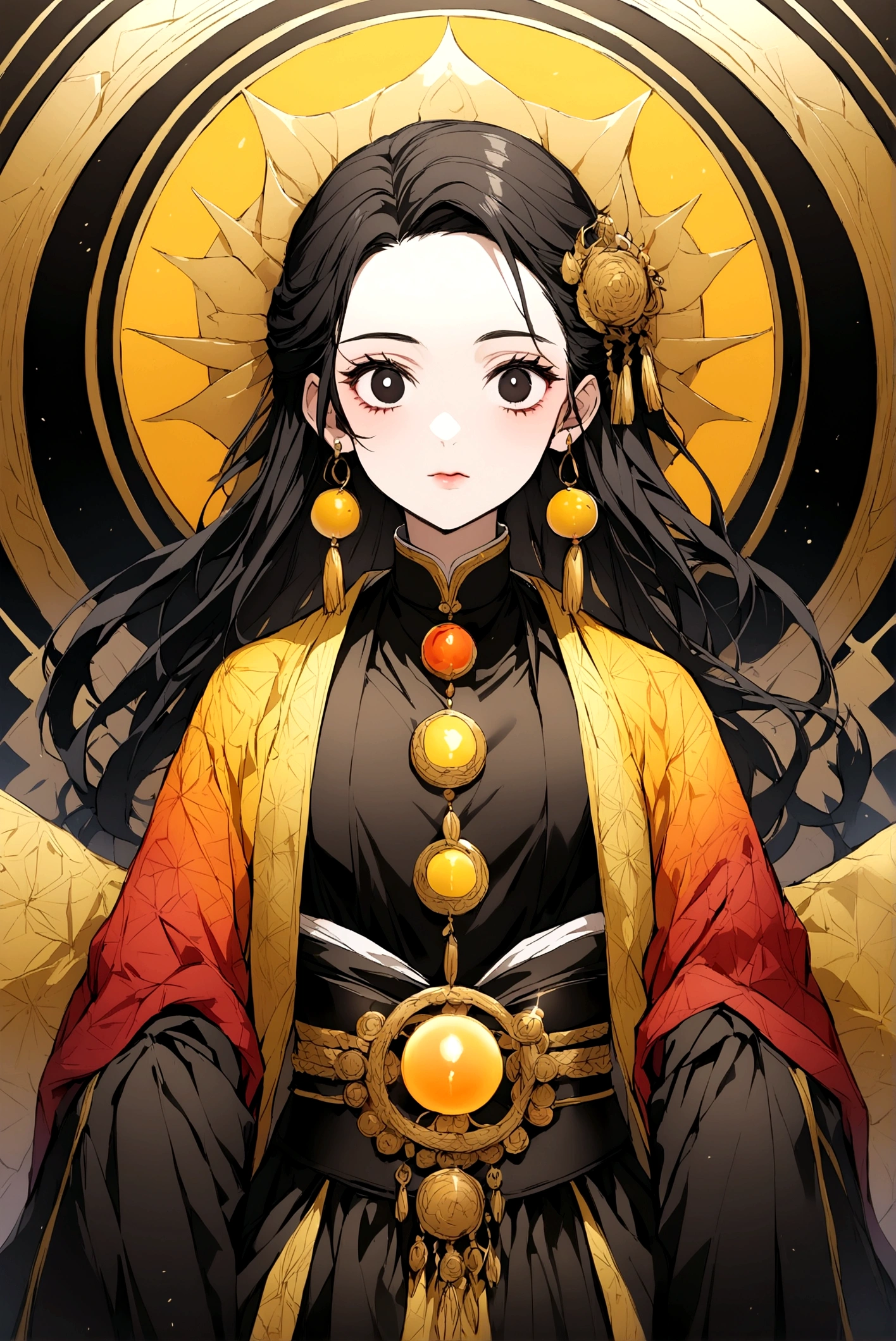 adolescent, black hair one black eye and the other yellow, kimono half moon and the other sun