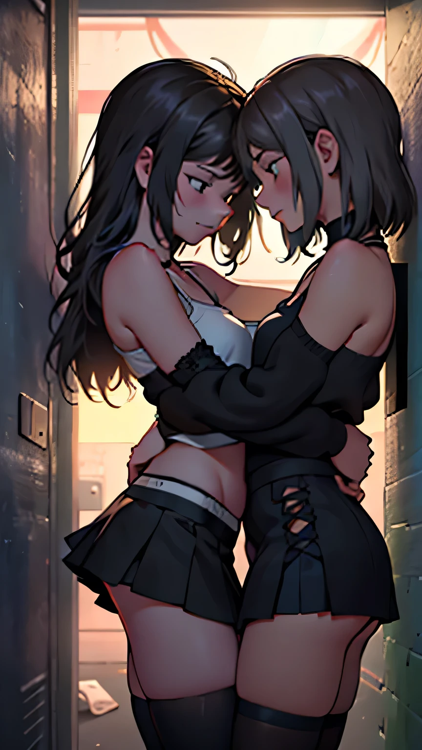 Nsfw, Amidst the pulsating rhythm of the nightclub, two girls found solace in the smokers' corner, bathed in the dim light cast by a flickering neon sign. Their intimate connection was palpable, as they leaned into each other, their bodies capitalizing every inch of the cozy, dark corner. Hands grazed the length of each other's arms, sending shivers down their spines. One girl ran her fingers through the other's long, curly hair. Their legs spread open, creating a subtle yet seductive display. The hem of one girl's mini skirt rode up, revealing a glimpse of black lace panties. Both girls wore long, black stockings,  