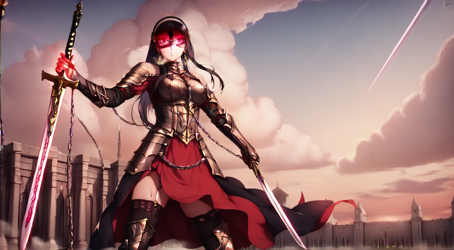 score_9, score_8_up, score_7_up, score_6_up, uncensored, Yor Briar, black hair, earrings, white hairband, hairband, long hair, sidelocks, red eyes, naughty face, shiny skin, sweating, steaming body, heavy breathing, BREAK (masterpiece:1.2), best quality, high resolution, unity 8k wallpaper, (illustration:0.8), (detailed eyes:1.3), extremely detailed face, perfect lighting, extremely detailed CG, (perfect hands, perfect anatomy), 1girl, long hair, breasts, looking at viewer, thighhighs, dress, holding, standing, weapon, outdoors, sky, sword, cloud, armor, chain, holding sword, polearm, gauntlets, dual wielding, flag, banner, army,