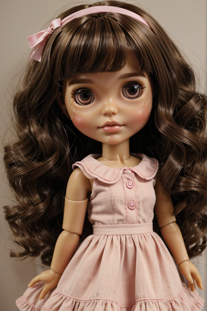 Generator a blythe doll short brown wavy hair, big brown eyes, pink dress and tan skin