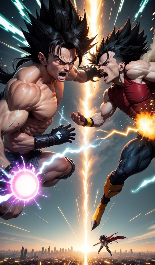(Anime style, highly detailed), mid-air combat between the two Saiyans above the city. Their bodies constantly mutate with each strike, muscles bulging and energy auras fluctuating wildly as they exchange blows.