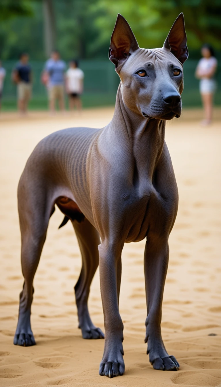 There is no one, realistic photo, photo realism, realism, Thai Ridgeback(Thai Ridgeback), perfect composition, intricate details, Very sharp, masterpiece, profile, high resolution, looking at the viewer, Full body photo in the dog park