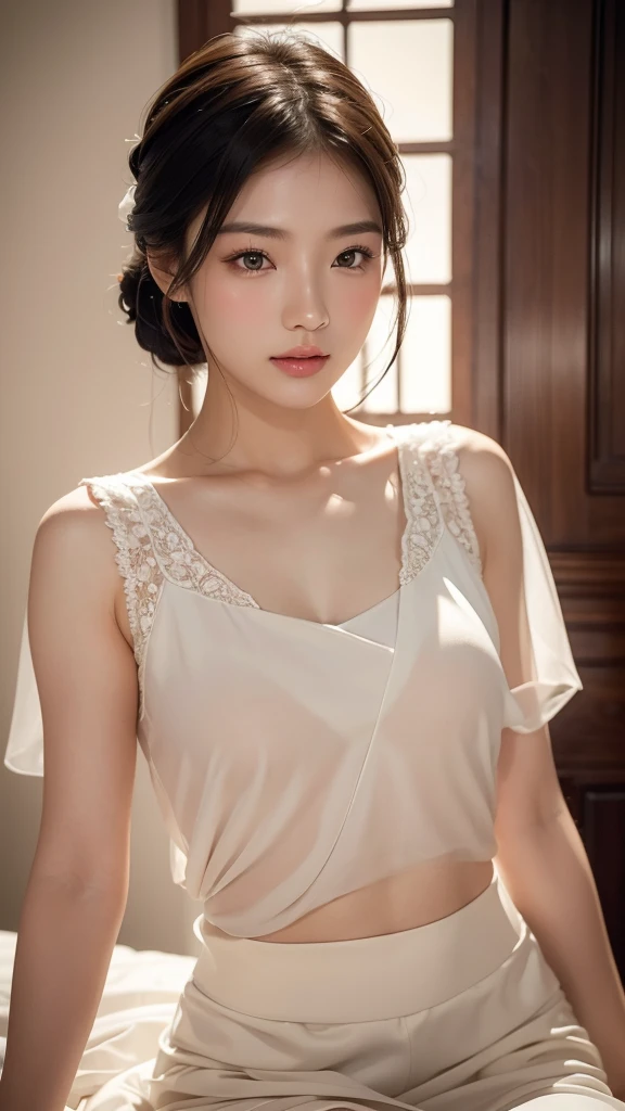 a sensual asian woman, beautiful woman, wearing a white short and a white blouse, semi-nude, detailed face, detailed eyes, detailed lips, long eyelashes, elegant, graceful pose, soft lighting, warm colors, cinematic, high quality, 8k, photorealistic, masterpiece