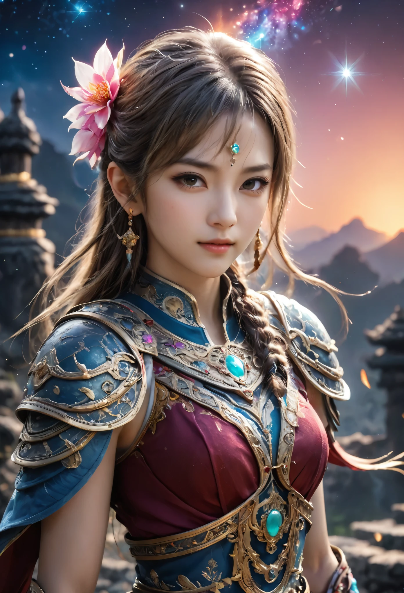 8K resolution, masterpiece, Highest quality, Award-winning works, unrealistic, final fantasy, Royal Jewel,Photorealistic Painting by Midjourney and Greg Rutkowski, , elegant, Very detailed, Delicate depiction of hair, miniature painting, Digital Painting, Art Station, Concept Art, Smooth, Sharp focus, shape, nature, Clear shadows, Full body portrait, Asura, God of War, Castle in the Sky, A strip of light pouring down from the sky, A pillar of light stretching to the sky, Complex colors, Buddhist Mandala, Colorful magic circle, flash, Mysterious Background, Aura, Qinglong, A gentle gaze, BREAK, Small faint lights and flying fireflies, night, Starry Sky, milky way, nebula, shooting star, Flowers, birds, wind and moon,erotic, sole sexy lady, healthy shaped body, Anatomically accurate skeleton, 22 years old lady, Asura, 170cm tall, huge firm bouncing busts, Holy sword in both hands, Complicated armor, Brightly colored armor, battlefield, fight, dash,