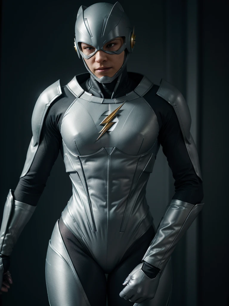 Flash wearing a gray costume, extremely detailed suit, micro-details, fotorrealism, A light, Dark Photo, deep-shadows, Shallow depth of field, photorrealistic, Surrealism, high qualiy, work of art, 8K, 8K, super detaill