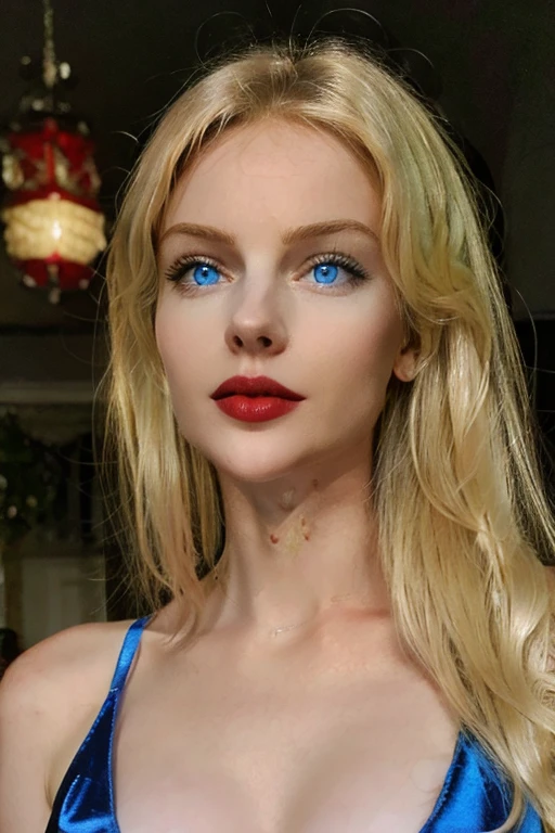 Beautiful blonde woman, with striking blue eyes and red lips. realistic photo, Masterpiece