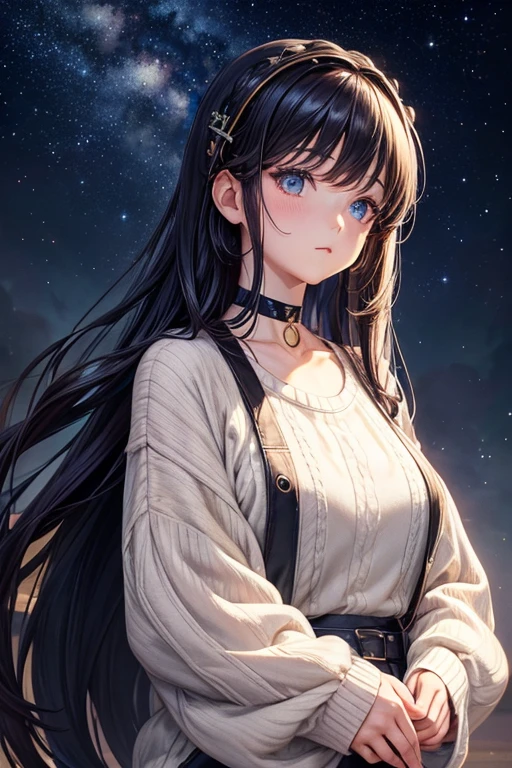 MomodateMarin, Huge_old, standing, Alone, choker, sweater, starry_sky, Hair clip,, Masterpiece, better_quality, detailed_face, detailed_eyes, high resolution, beautiful, detailed, absurdities,