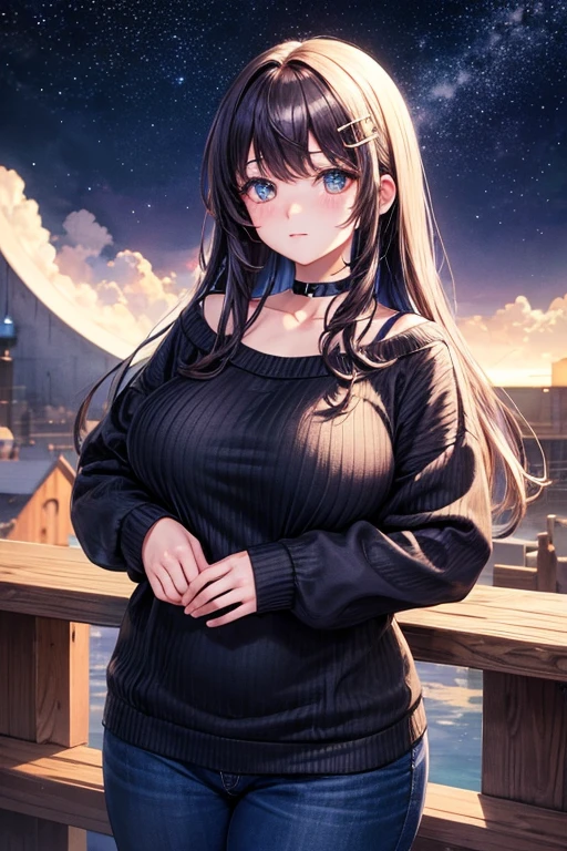 MomodateMarin, Huge_old, standing, Alone, choker, sweater, starry_sky, Hair clip,, Masterpiece, better_quality, detailed_face, detailed_eyes, high resolution, beautiful, detailed, absurdities,