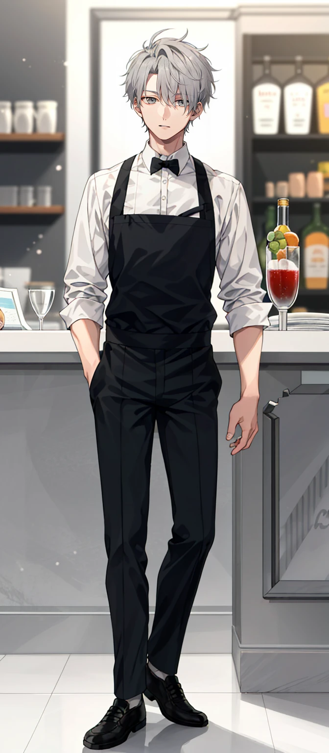 1 boy, 25 years old, full body, waiter, short hair, grey hair, messy hair, undercut,