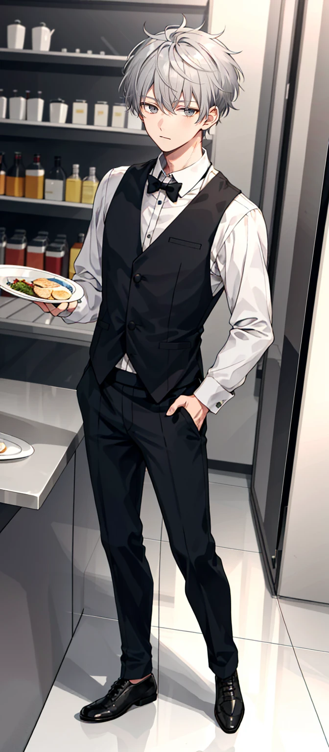 1 boy, 25 years old, full body, waiter, short hair, grey hair, messy hair, undercut,