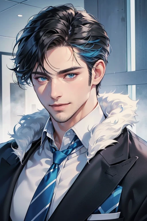 a handsome 35 year old man, 3 day beard, dark hair, sharp jawline, (mesmerizing blue eyes), perfectly styled hair, wearing cool anime outfitt, dynamic lighting, (CEO), (expression, smile in love), (best quality,4k,8k,highres,masterpiece:1.2),ultra-detailed,(realistic,photorealistic,photo-realistic:1.37)