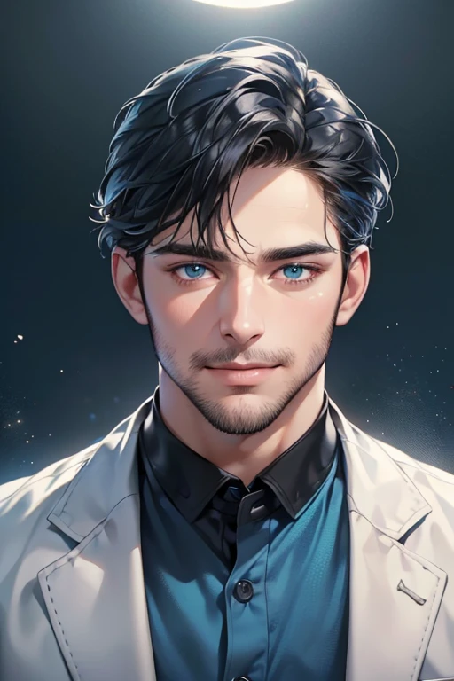 a handsome 35 year old man, 3 day beard, dark hair, sharp jawline, (mesmerizing blue eyes), perfectly styled hair, wearing cool anime outfitt, dynamic lighting, (CEO), (expression, smile in love), (best quality,4k,8k,highres,masterpiece:1.2),ultra-detailed,(realistic,photorealistic,photo-realistic:1.37)