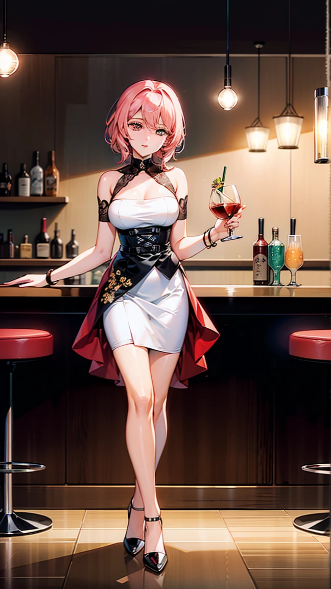 An illustration showing modern-day craft cocktails in a trendy bar. The scene includes a bartender using innovative techniques and high-quality ingredients to create unique cocktails. The background features modern bar design elements, such as stylish lighting, contemporary furniture, and patrons enjoying their drinks.