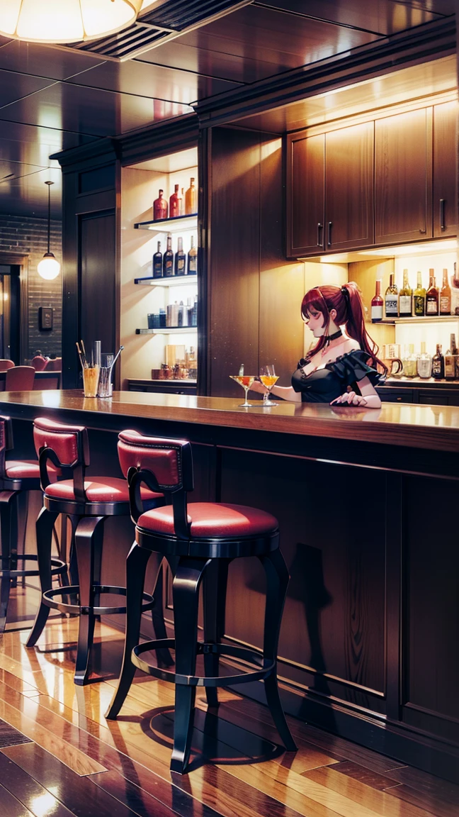 An illustration showing modern-day craft cocktails in a trendy bar. The scene includes a bartender using innovative techniques and high-quality ingredients to create unique cocktails. The background features modern bar design elements, such as stylish lighting, contemporary furniture, and patrons enjoying their drinks.
