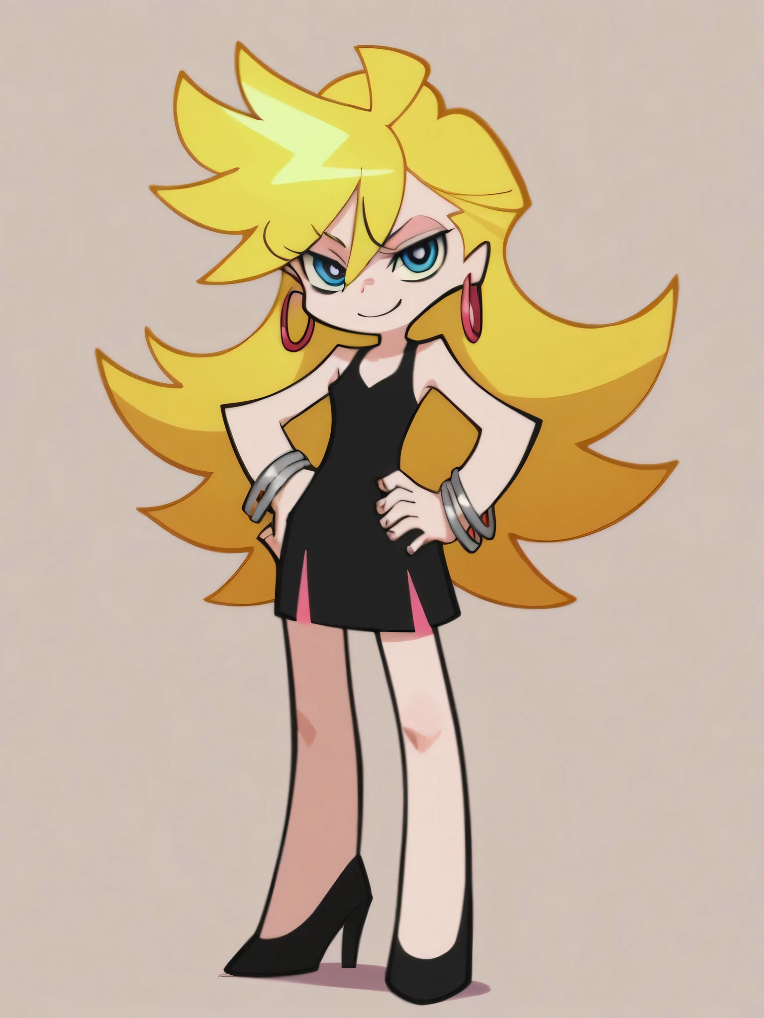 score_9, score_8_up, score_7_up, score_6_up, score_5_up, score_4_up, source_anime, 
1girl, solo,  psg, official style, panty \(psg\), little black sleeveless dress, small breast, standing up, hoop earrings, seductive smile, blond hair, blue eyes, looking at viewers, black high heels, cowboy shot, right hand on hip
